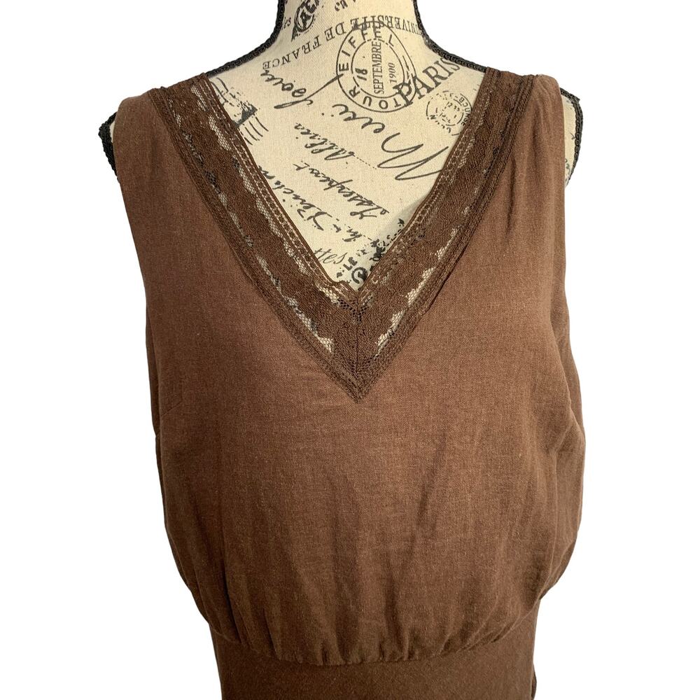 Perceptions Women Size 16 Maxi Dress Lace Trim A Line Side Zip Linen Blend Brown - Picture 2 of 10